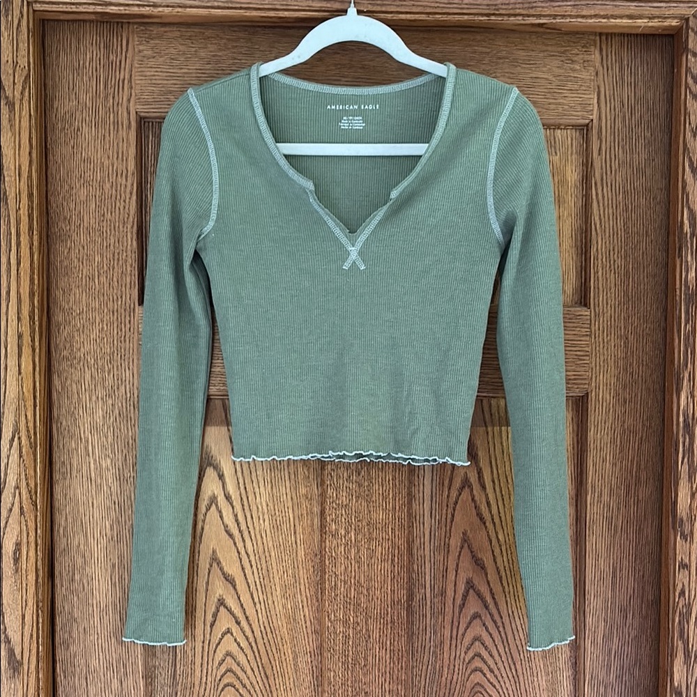 American Eagle Outfitters Olive V-Neck Blouse